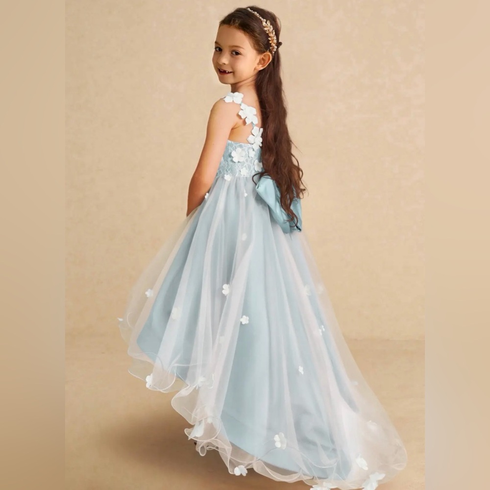 "Celia" Light Blue Floral Tulle Girls' Party Dress, Color "Mist"
